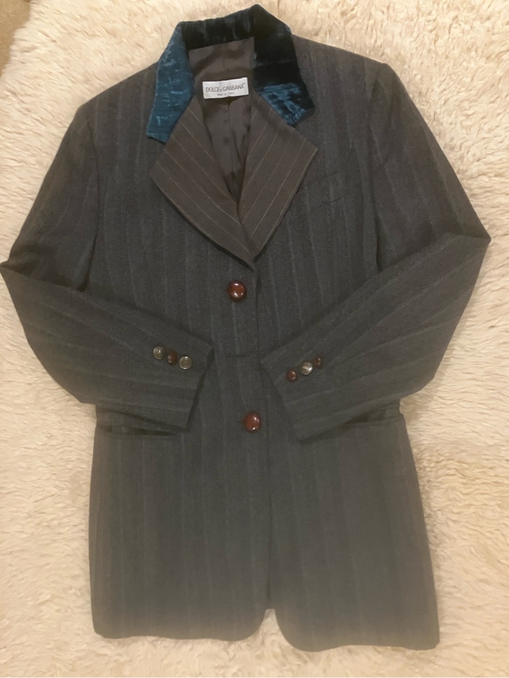 Dolce & Gabbana Charcoal Pinstripe Blazer with Teal Velvet Collar